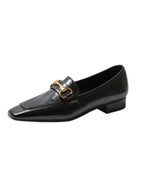 Leather Flat Shoes With Low Heel Metal Accent Square Toe