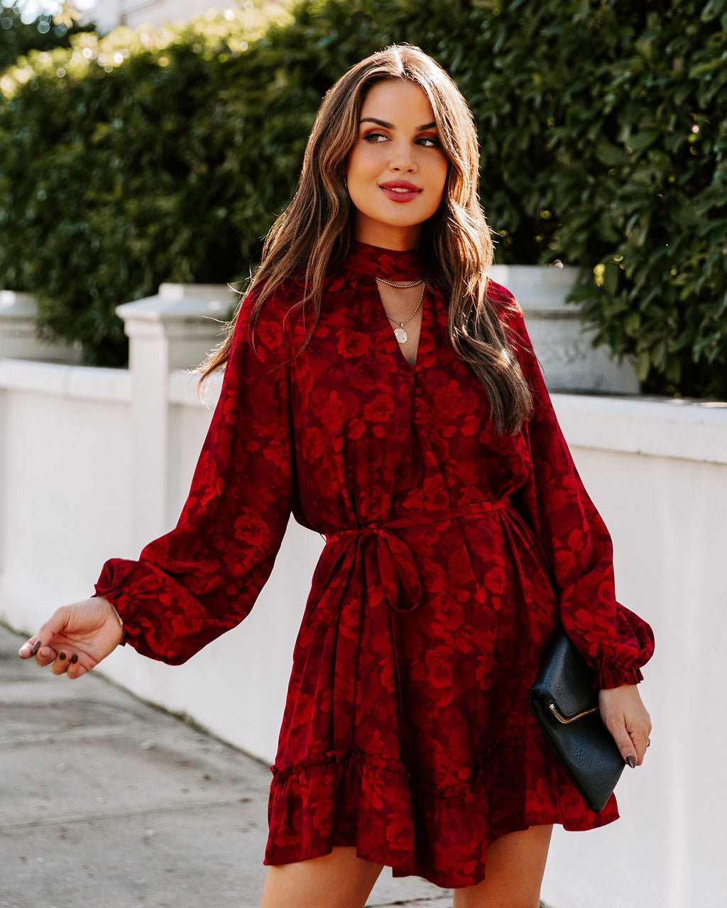 Mazy Pocketed Floral Keyhole Dress Wine