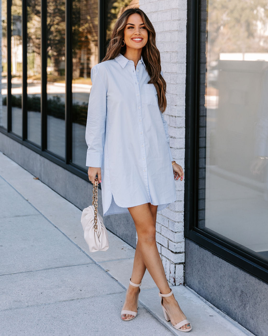 Risky Business Pocketed Button Down Shirt Dress Sky Blue