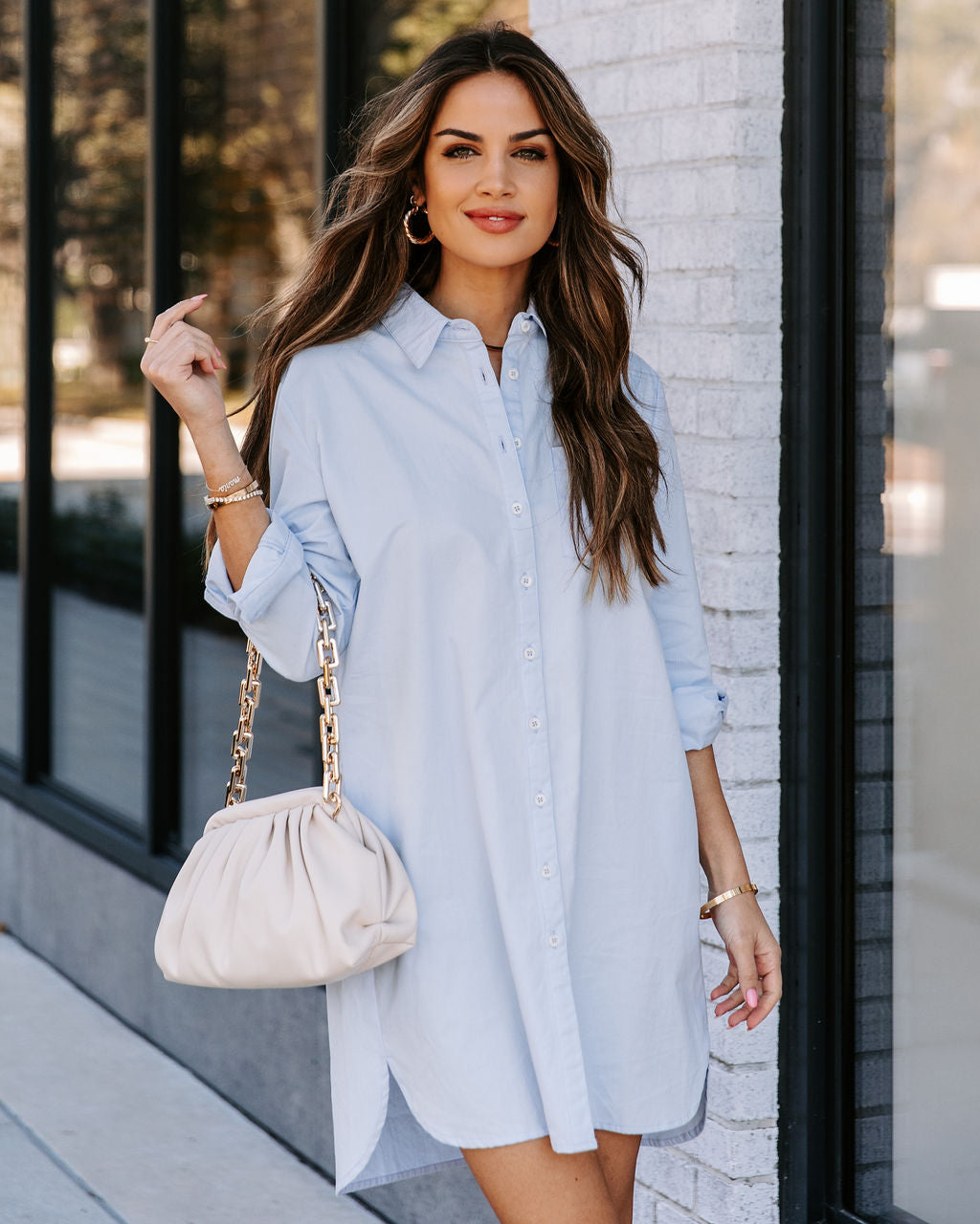Risky Business Pocketed Button Down Shirt Dress Sky Blue