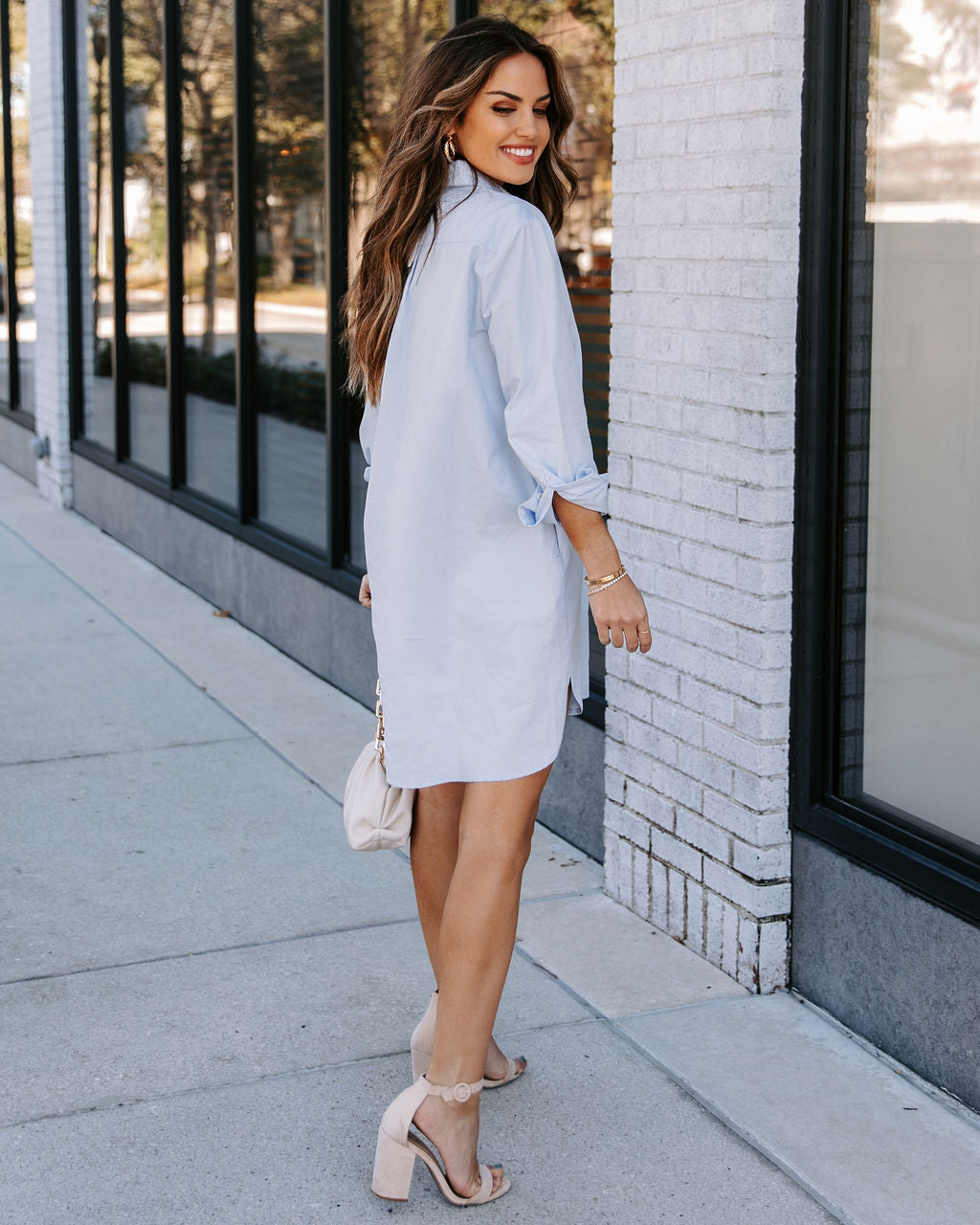 Risky Business Pocketed Button Down Shirt Dress Sky Blue