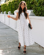 Edith Cotton Pocketed Polka Dot Midi Dress White