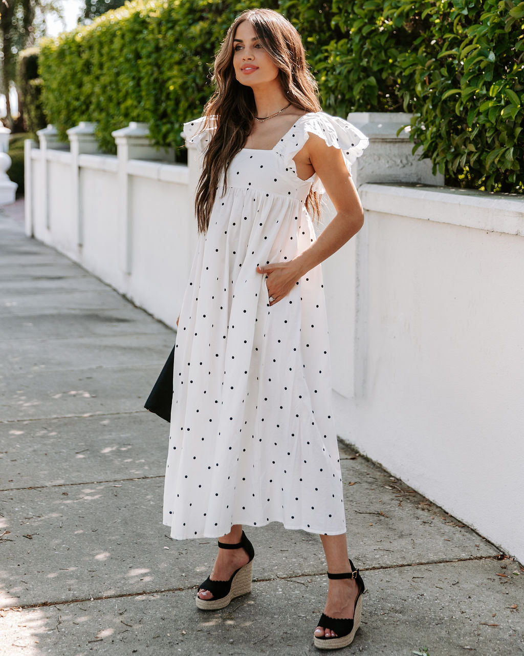 Edith Cotton Pocketed Polka Dot Midi Dress White