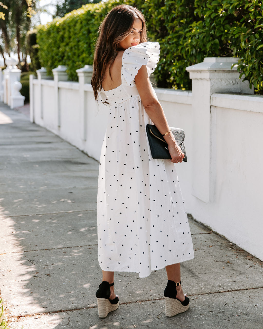 Edith Cotton Pocketed Polka Dot Midi Dress White
