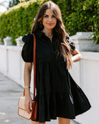 Aliza Cotton Button Down Babydoll Dress Black