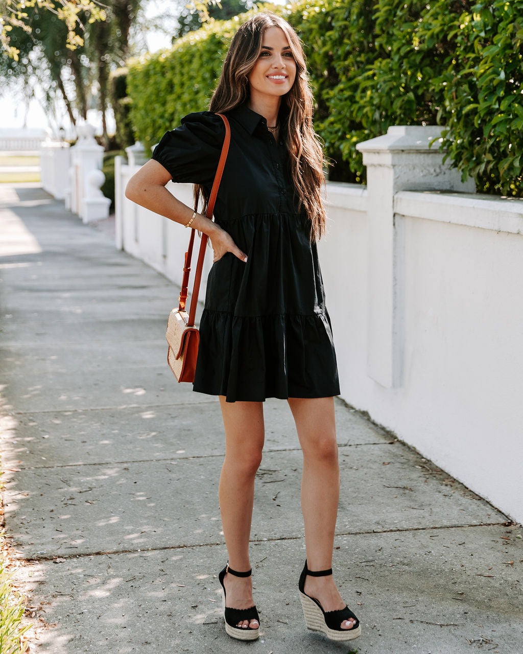 Aliza Cotton Button Down Babydoll Dress Black