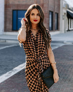 Checkmate Printed Tie Front Midi Shirt Dress