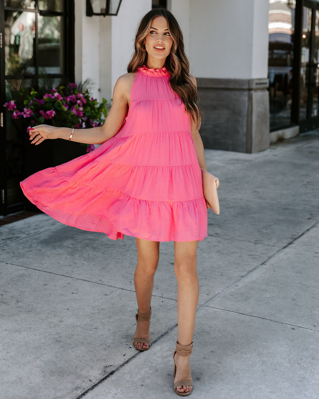 Brenley Pocketed Tiered Babydoll Dress Pink