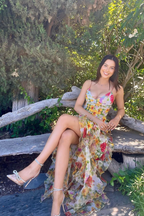 Oceana Chiffon Rose Print Slit Maxi Dress