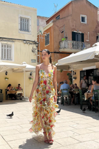 Oceana Chiffon Rose Print Slit Maxi Dress
