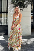 Oceana Chiffon Rose Print Slit Maxi Dress