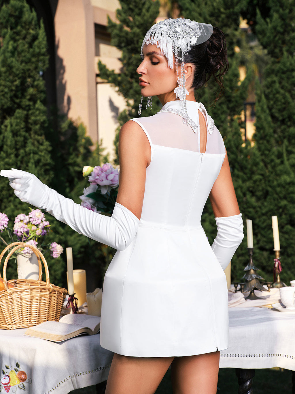 Folded Collar Pearl Satin Mini Dress