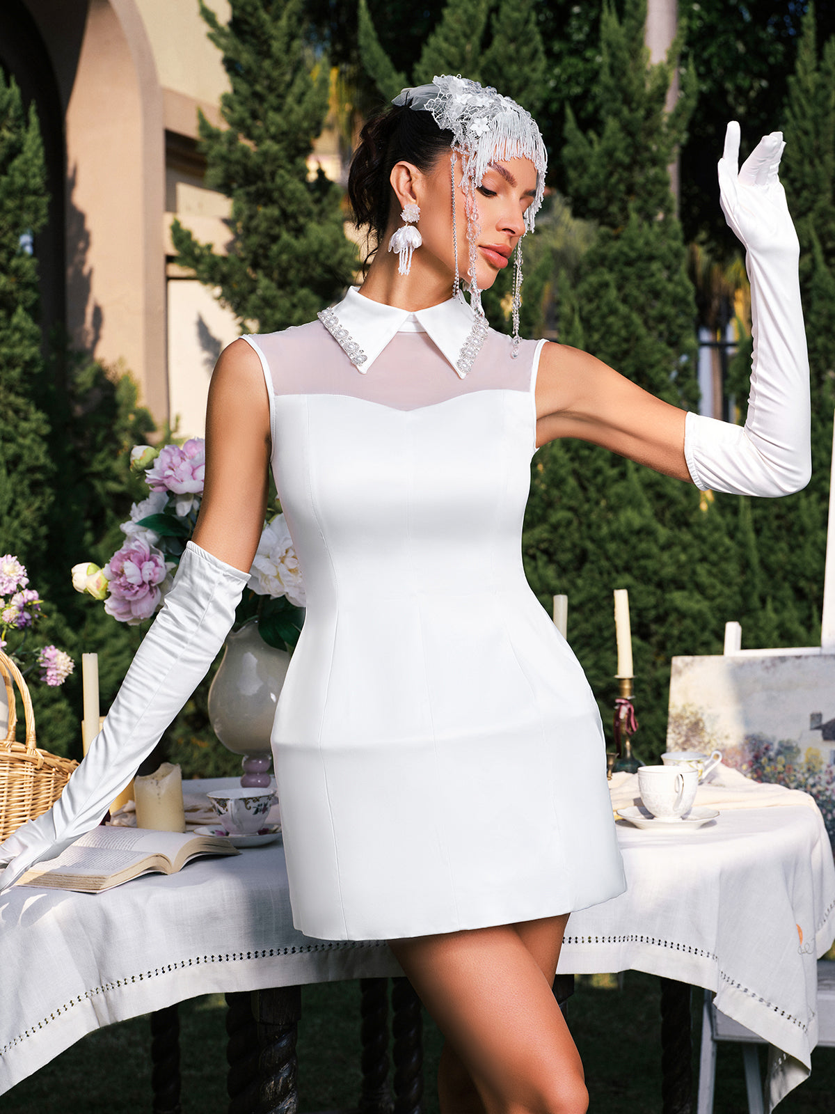 Folded Collar Pearl Satin Mini Dress