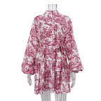 Early National Ink Printing Short Dress Puff Sleeve StUp Collar Tie Retro A Line Dress