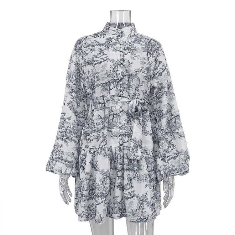 Early National Ink Printing Short Dress Puff Sleeve StUp Collar Tie Retro A Line Dress