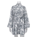 Early National Ink Printing Short Dress Puff Sleeve StUp Collar Tie Retro A Line Dress