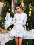 Flare Sleeve Button Mini Dress In White