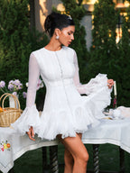 Flare Sleeve Button Mini Dress In White