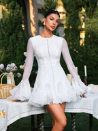 Flare Sleeve Button Mini Dress In White