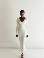 Inaki Chic Midi Dress with a Ribbed V-neck for Women Stylish Outfit