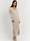 Inaki Chic Midi Dress with a Ribbed V-neck for Women Stylish Outfit