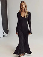 Inaki Chic Midi Dress with a Ribbed V-neck for Women Stylish Outfit