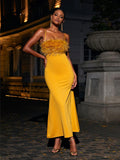 Effy Spaghetti Feather Maxi Dress In Yellow