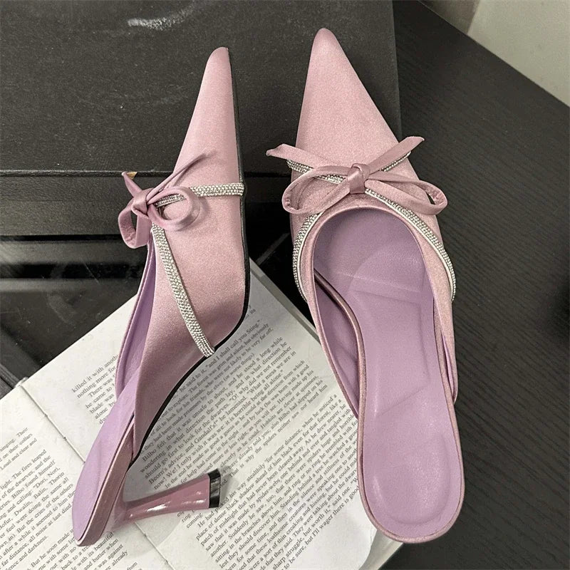 Butterflyknot Women Slippers Design Style Ladies Pointed Toe Mules Slides Shoes Low Heel Pumps