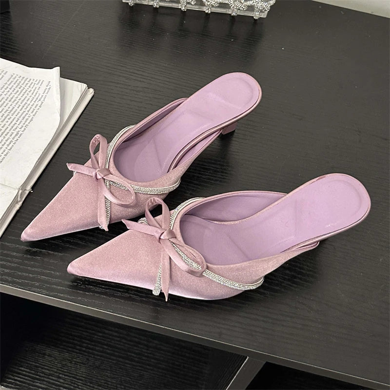 Butterflyknot Women Slippers Design Style Ladies Pointed Toe Mules Slides Shoes Low Heel Pumps
