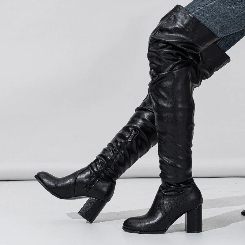 Designer Pleated OvertheHeels Runway Round Toe Zipper Knee High Boots