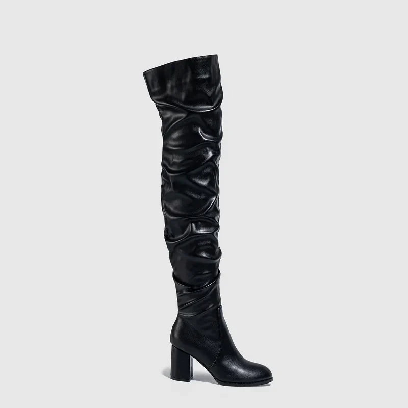 Designer Pleated OvertheHeels Runway Round Toe Zipper Knee High Boots