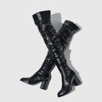 Designer Pleated OvertheHeels Runway Round Toe Zipper Knee High Boots