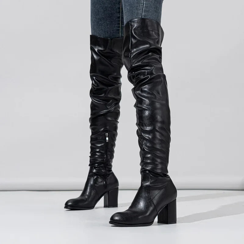 Designer Pleated OvertheHeels Runway Round Toe Zipper Knee High Boots