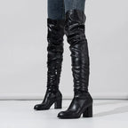 Designer Pleated OvertheHeels Runway Round Toe Zipper Knee High Boots