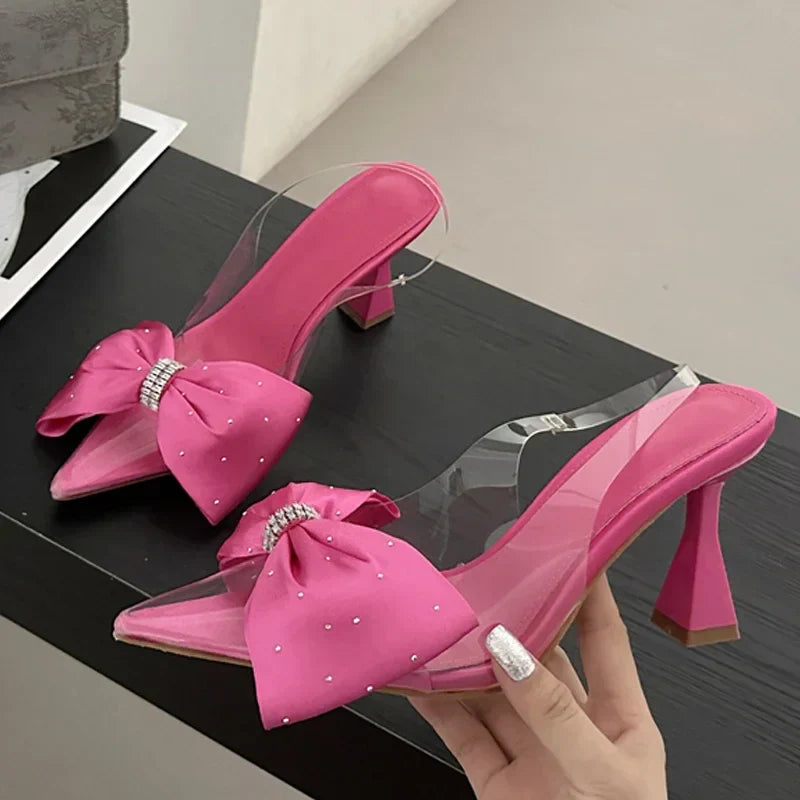 Fashion Butterflyknot Pointed Toe Women PVC Transparent Highs Wedding Banquet Mules Shoes Low Heel Pumps