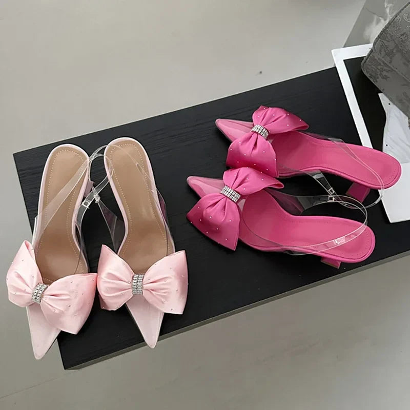 Fashion Butterflyknot Pointed Toe Women PVC Transparent Highs Wedding Banquet Mules Shoes Low Heel Pumps