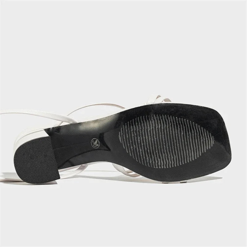 Fashion Narrow Band Ankle CrossStrap Women's Summer Square Toe Highs Party Shoes Low Heel Pumps