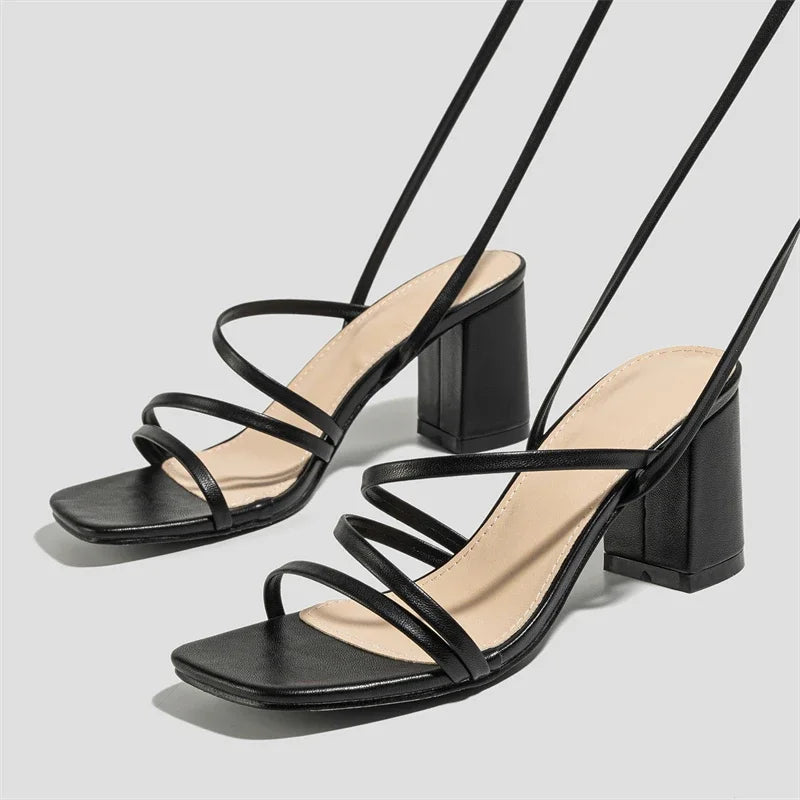 Fashion Narrow Band Ankle CrossStrap Women's Summer Square Toe Highs Party Shoes Low Heel Pumps