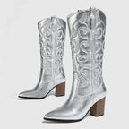 Fashion Pointed Toe Western Embroidery Square Heels Autumn Winter Knee High Boots