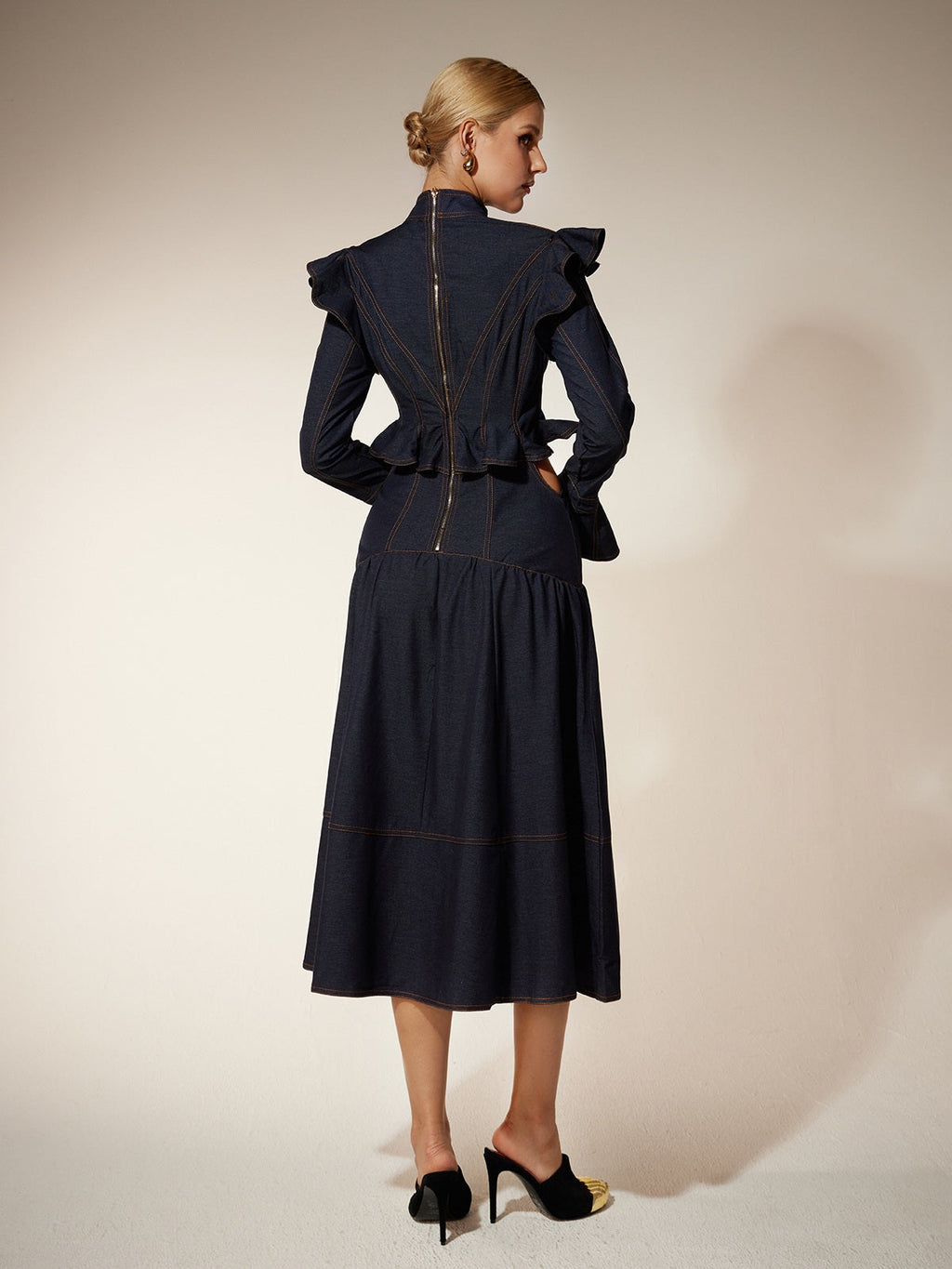 Flare Sleeve Cutout Denim Dress