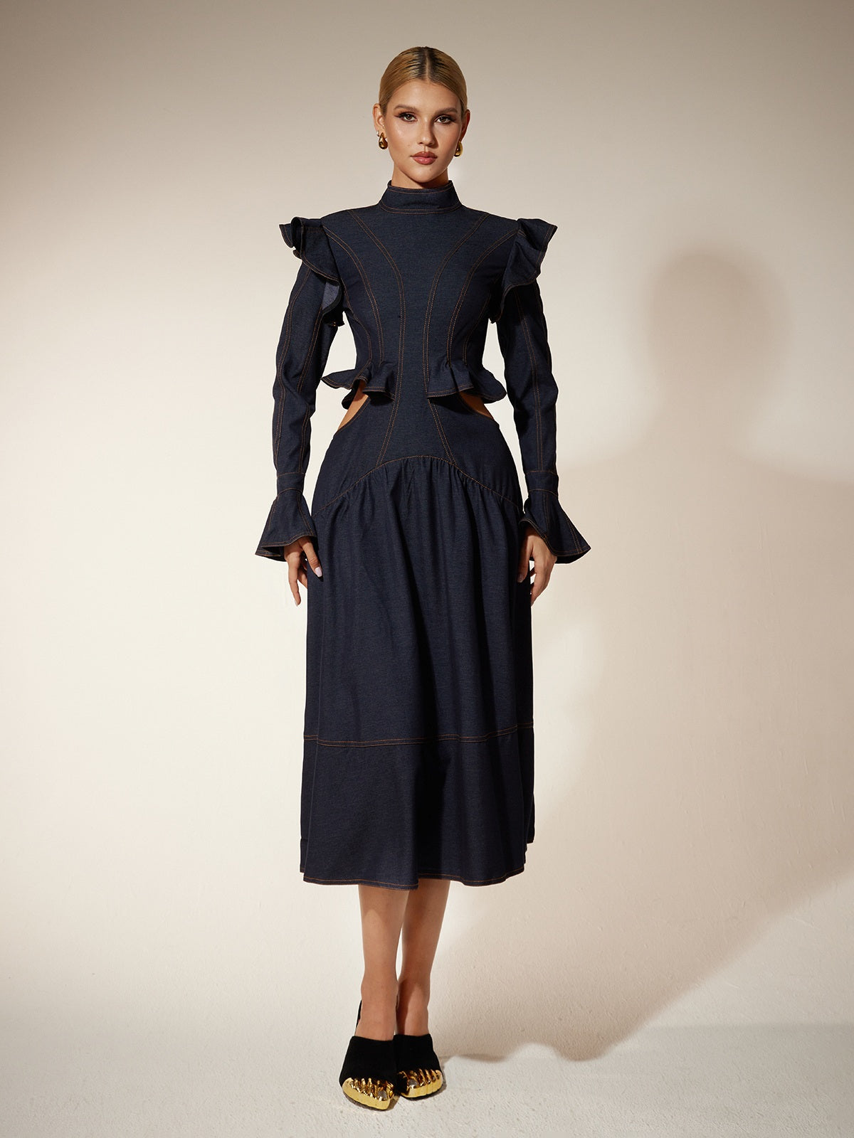 Flare Sleeve Cutout Denim Dress
