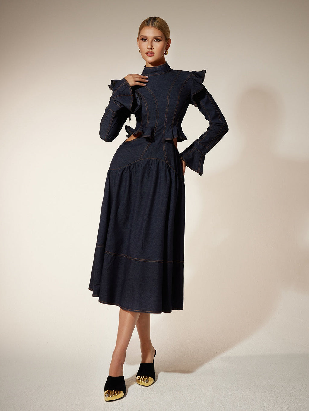 Flare Sleeve Cutout Denim Dress