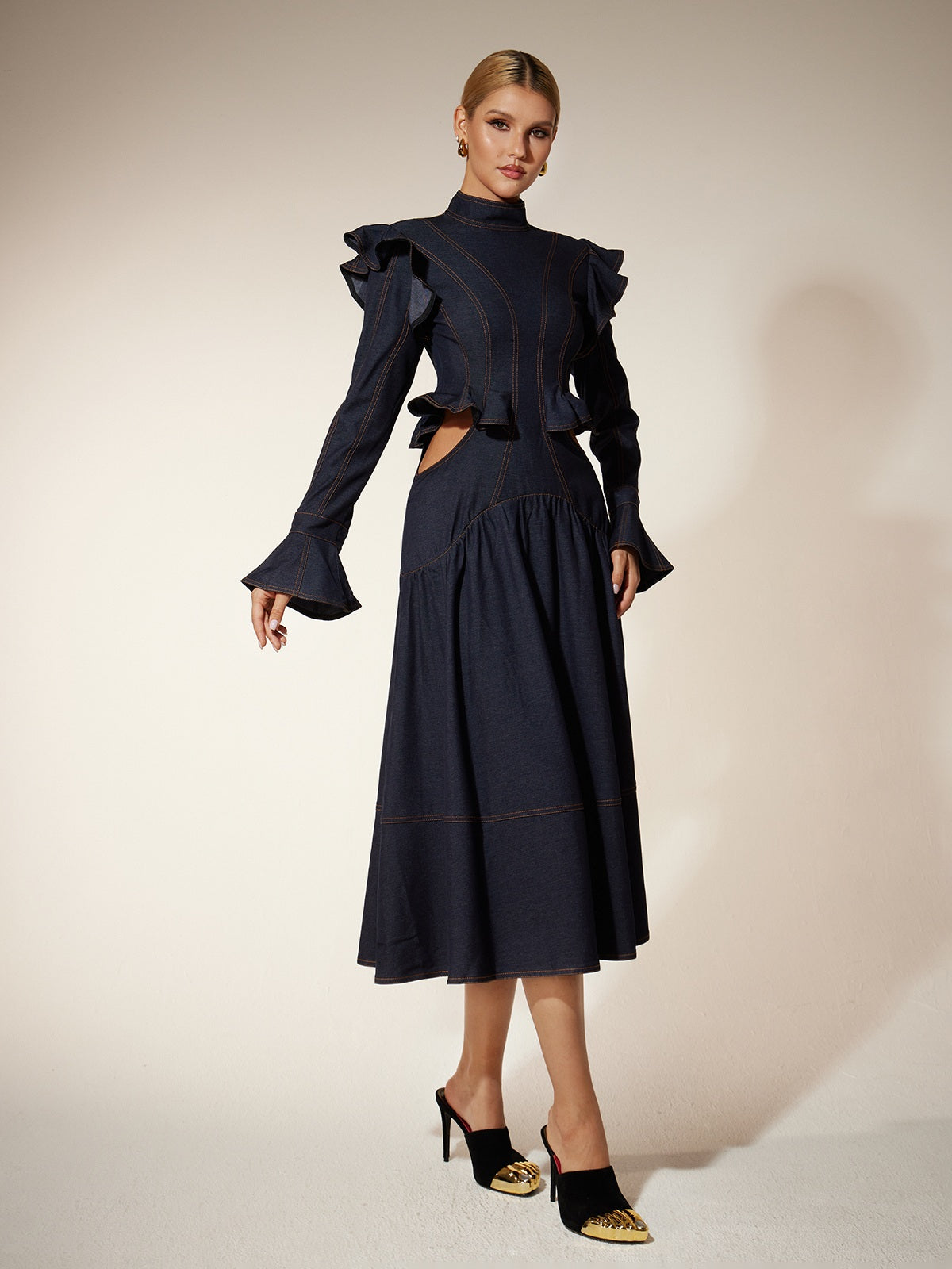 Flare Sleeve Cutout Denim Dress
