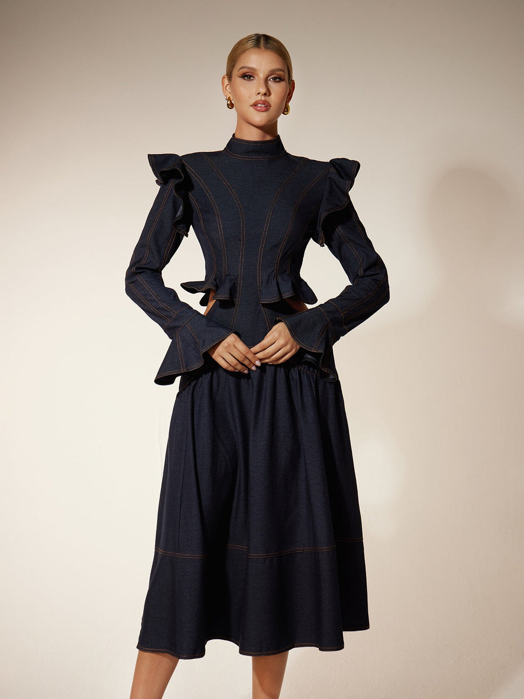 Flare Sleeve Cutout Denim Dress