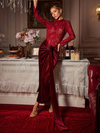 Flower Ruched Split Lace Velvet Maxi Dress