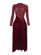 Flower Ruched Split Lace Velvet Maxi Dress