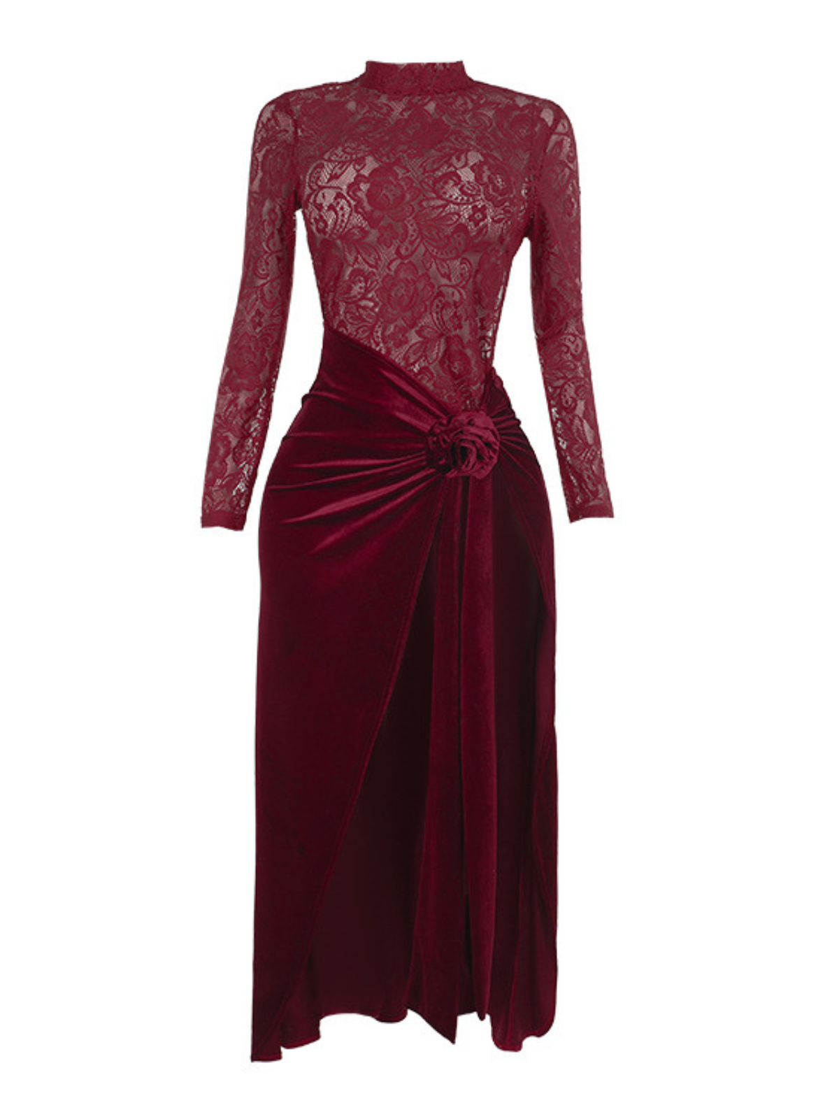 Flower Ruched Split Lace Velvet Maxi Dress