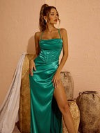 Eleanor Satin Backless Split Maxi Dress In Green