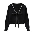 Elegant Bow Pearl Long Sleeve V Neck Loose Female Spring Fashion Black Soft Cardigan