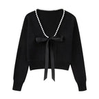 Elegant Bow Pearl Long Sleeve V Neck Loose Female Spring Fashion Black Soft Cardigan